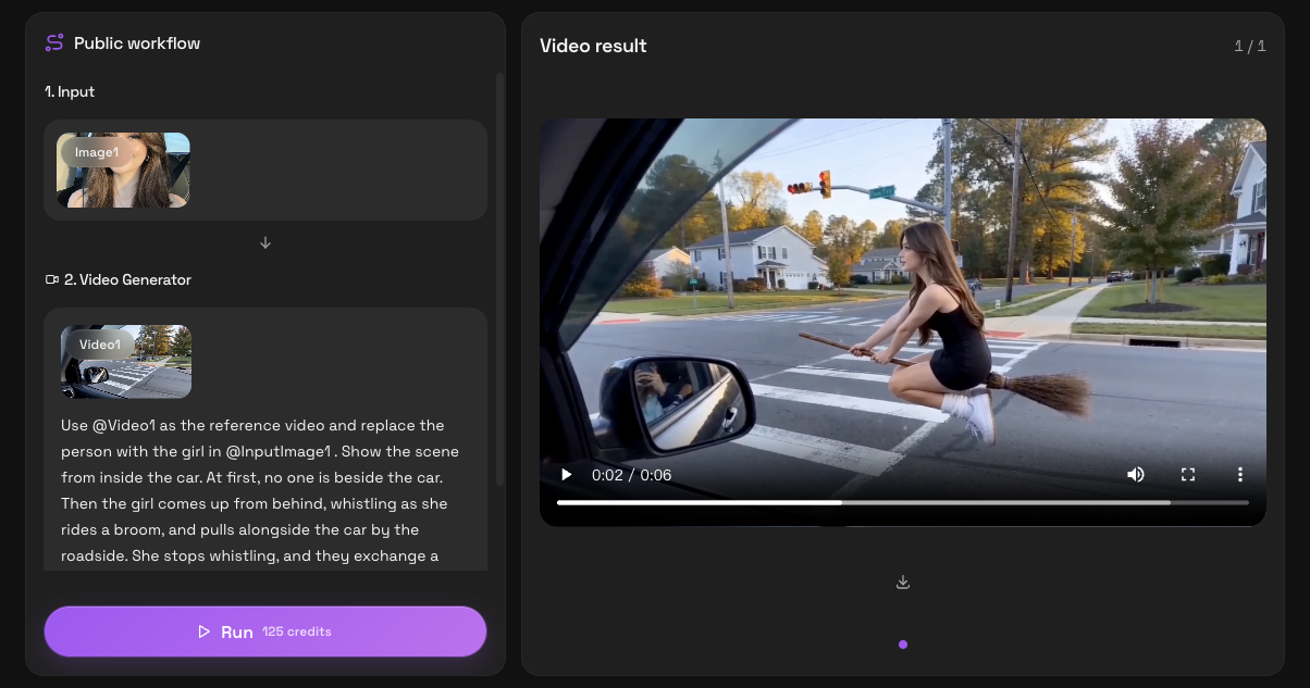 Vhoo workflow showing the input photo, supplied video reference, prepared prompt, example result, and Run button with 125 credits