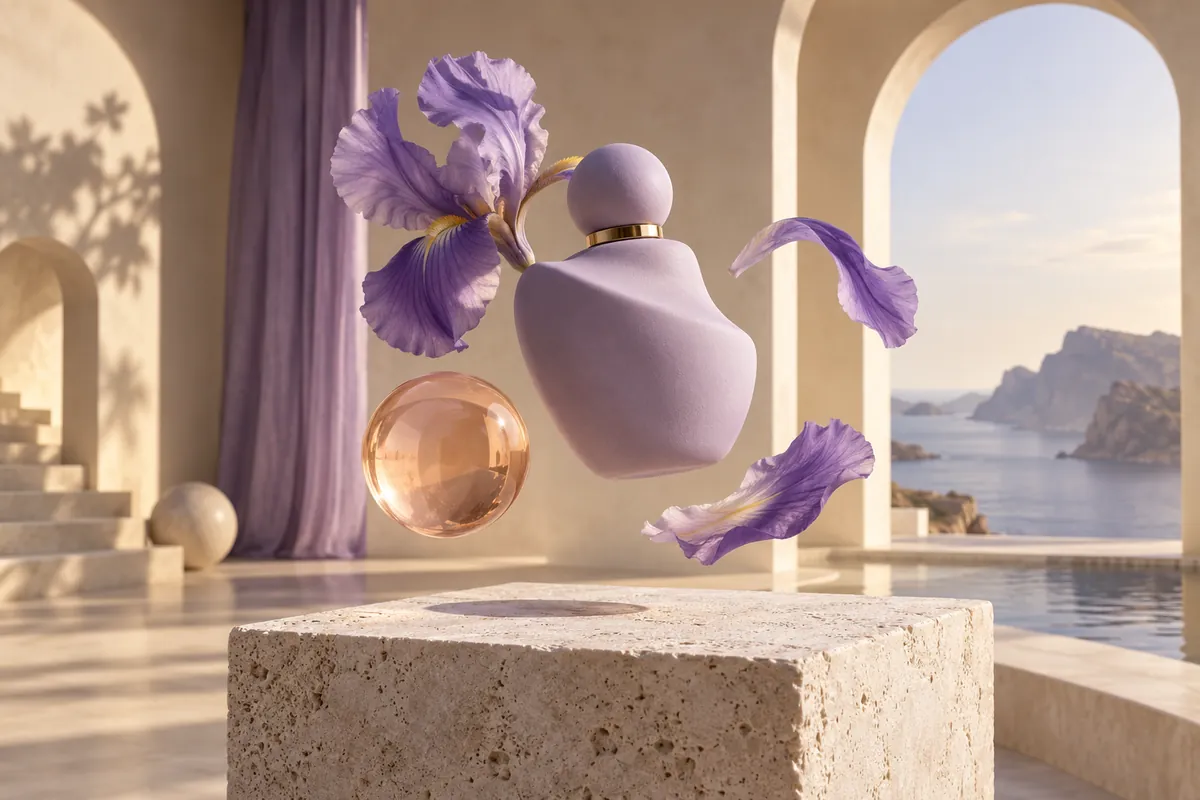 A sculptural lavender perfume bottle with a peach glass sphere and iris petals in a sunlit architectural room