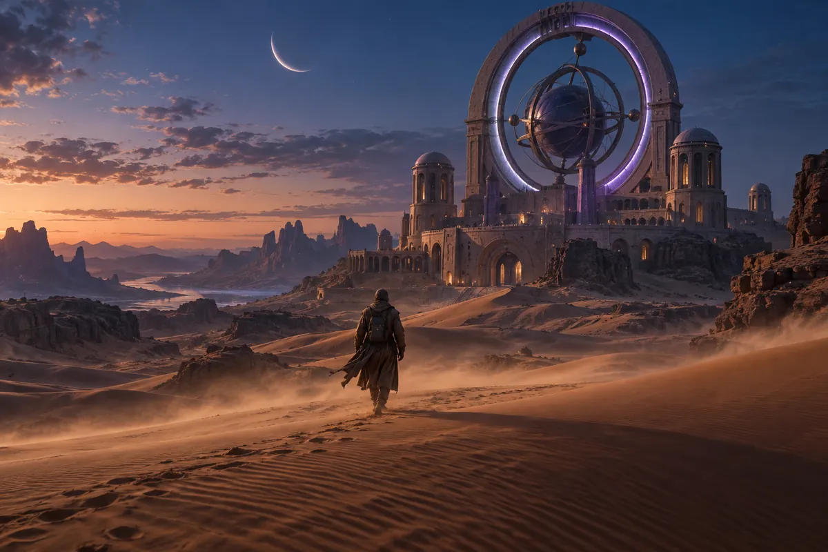 A lone traveler approaching a circular observatory across rose-colored desert dunes at blue hour