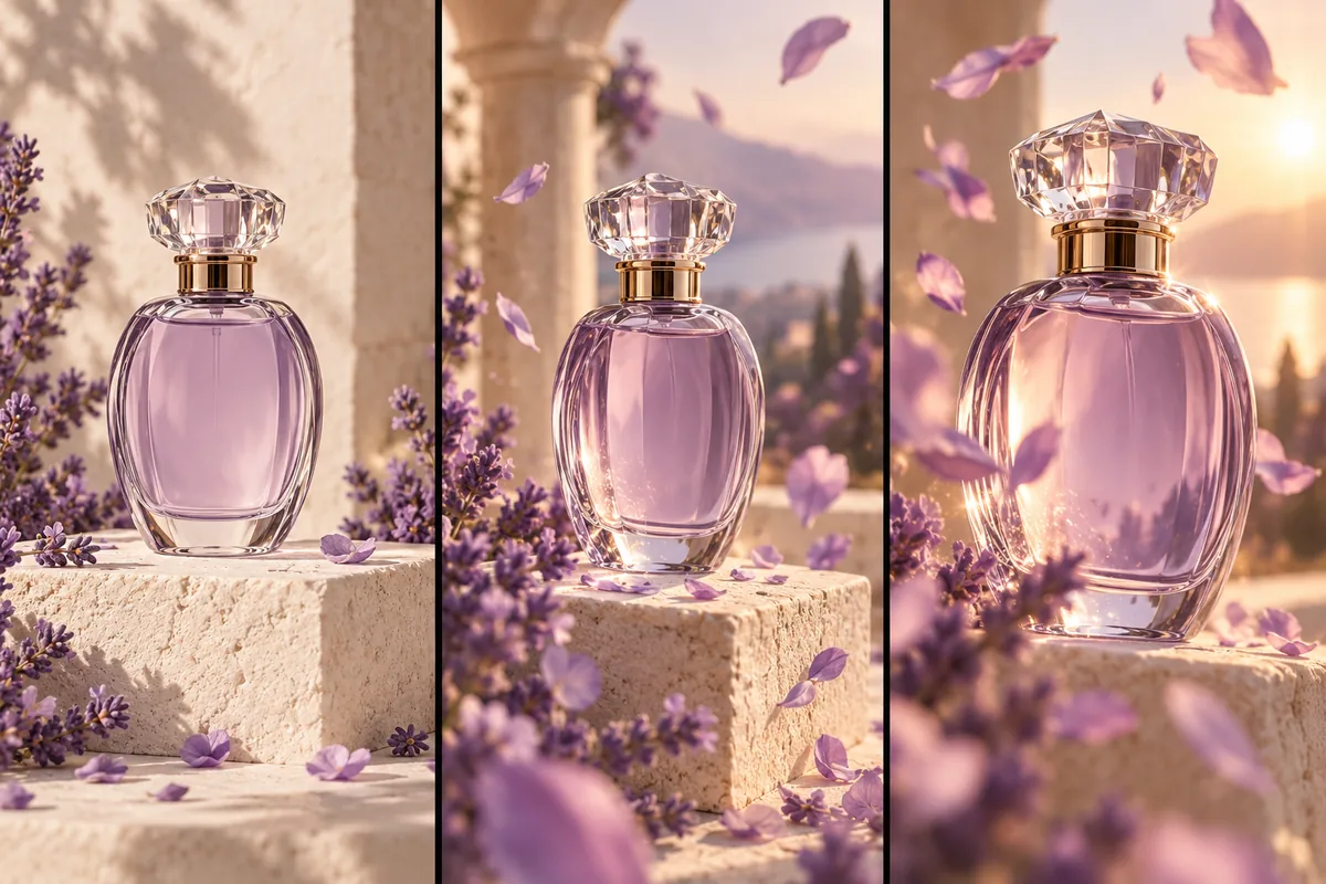 Concept sequence of a lavender perfume bottle with changing camera angles and drifting petals
