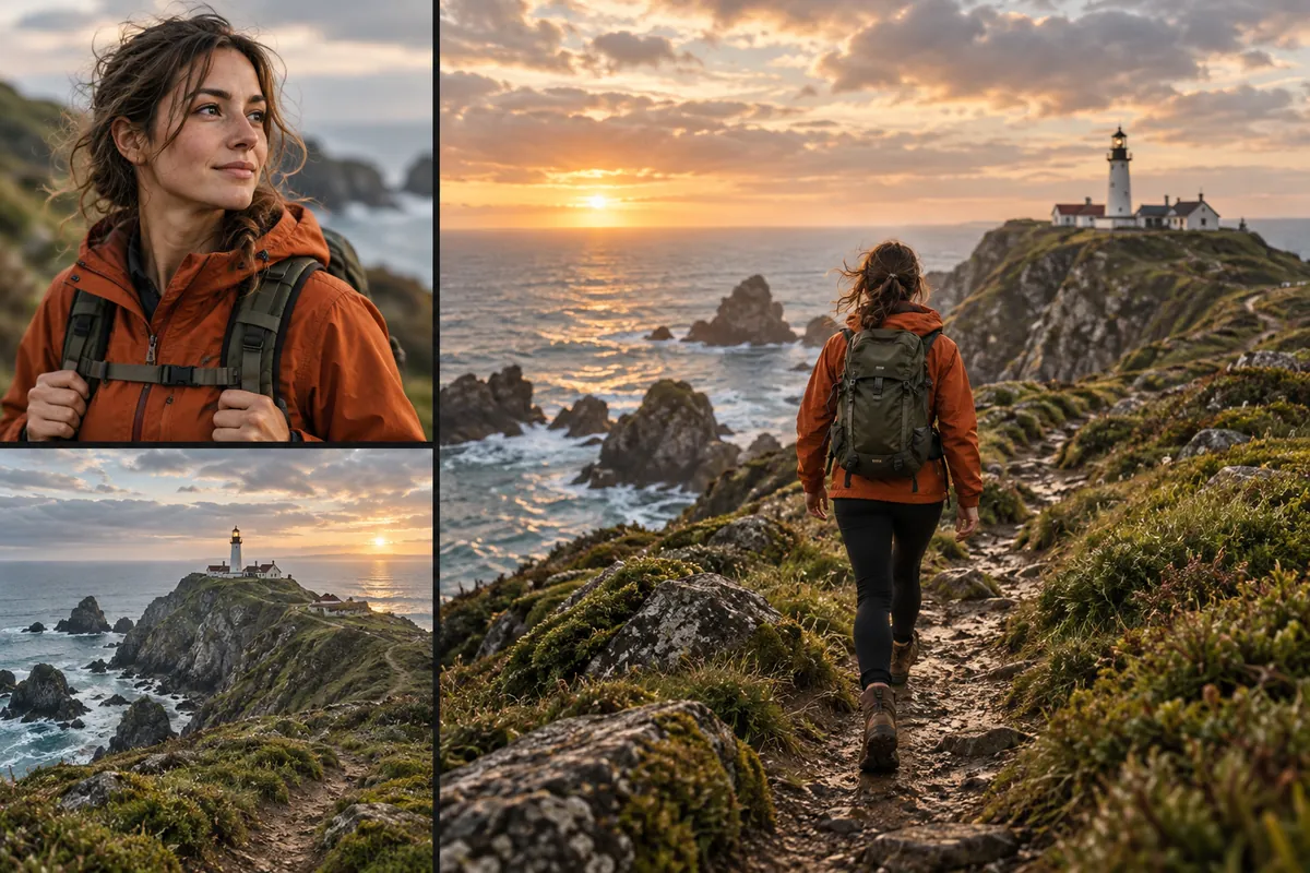 An explorer portrait and coastal landscape beside a concept scene combining the explorer with the coast