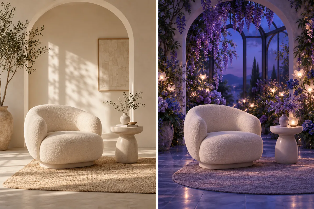 An ivory lounge chair under an arch, reimagined from a daylight interior into a violet botanical conservatory